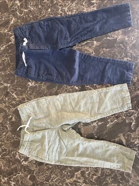 2 Janie & Jack Drawstring Linen Pants - Sage Green & Navy
